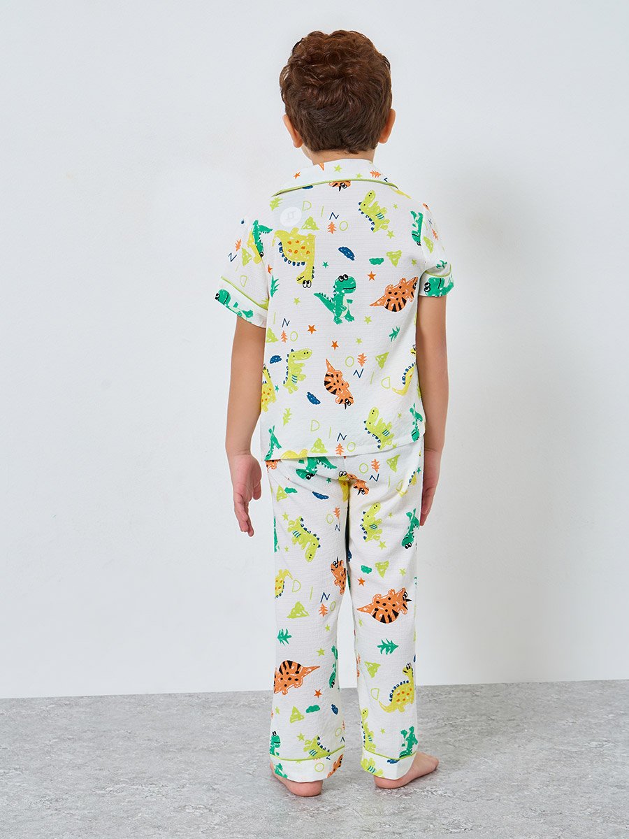 Boy White Dino Graphic Print Shirt and Pyjama Set