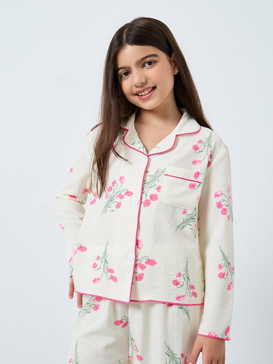 Teens Cream Floral Print Shirt and Pyjama Set