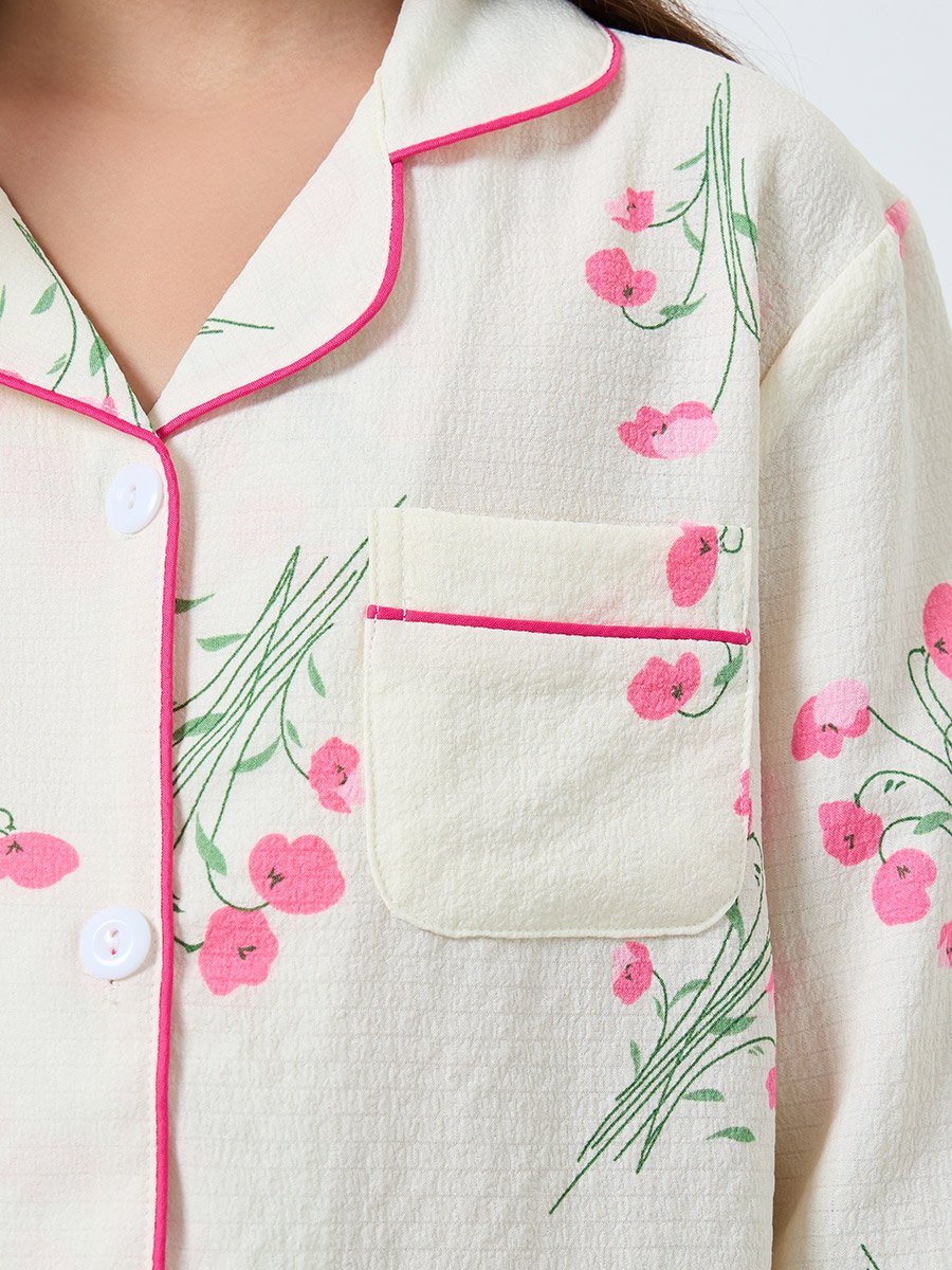 Teens Cream Floral Print Shirt and Pyjama Set