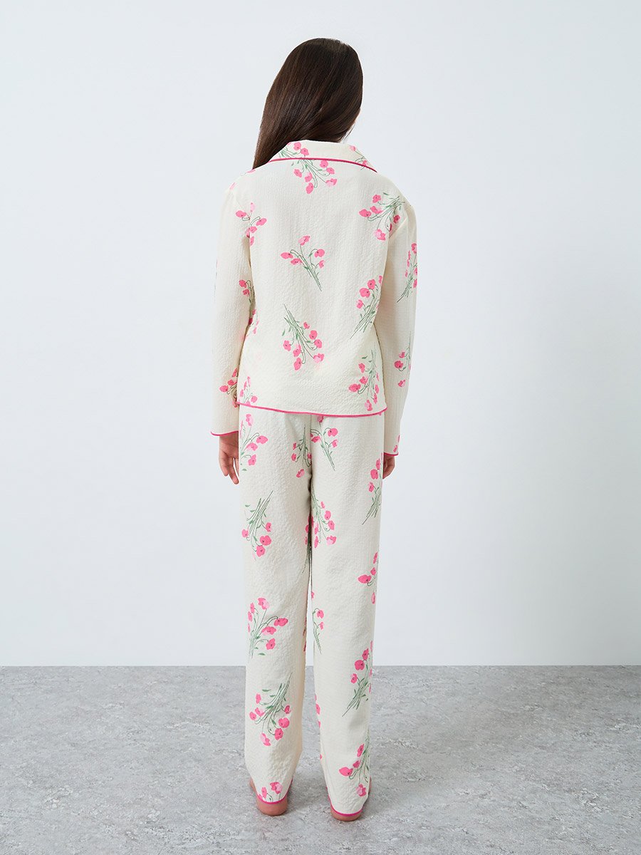 Teens Cream Floral Print Shirt and Pyjama Set