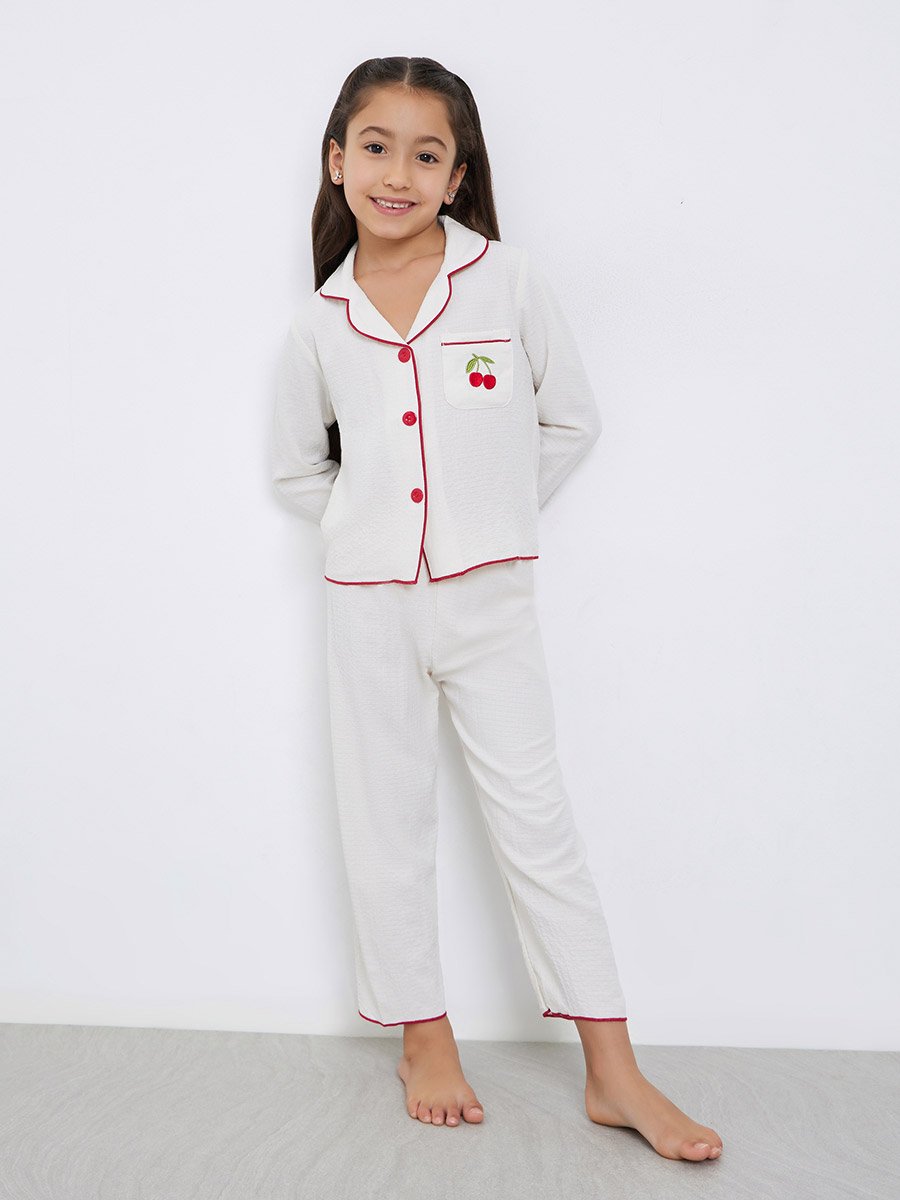 Girls White Pocket Detail Shirt and Pyjama Set