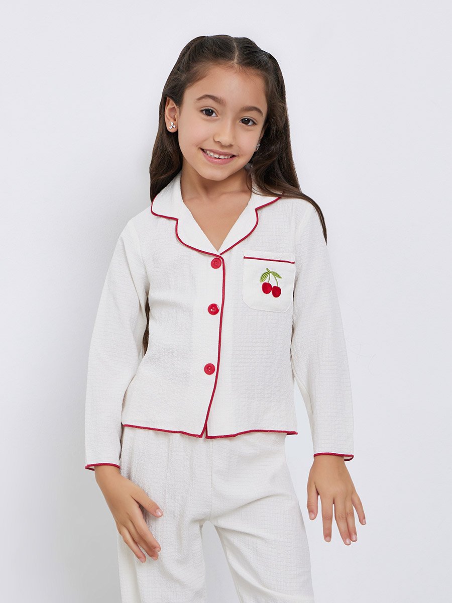 Girls White Pocket Detail Shirt and Pyjama Set