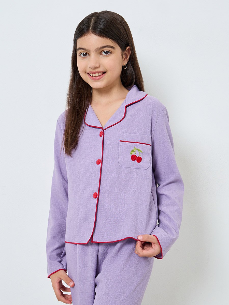 Purple Cherry Embroidered Shirt and Pyjama Set