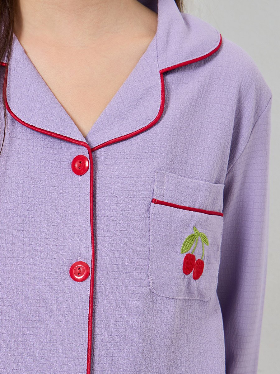 Purple Cherry Embroidered Shirt and Pyjama Set