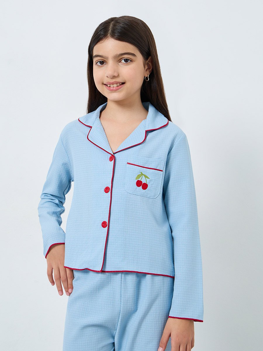 Blue Cherry Embroidered Shirt and Pyjama Set
