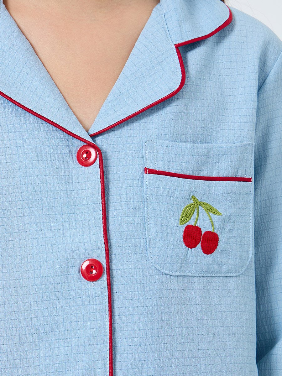 Blue Cherry Embroidered Shirt and Pyjama Set