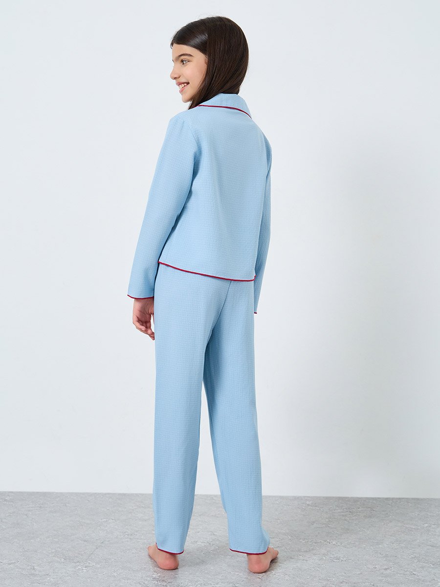Blue Cherry Embroidered Shirt and Pyjama Set