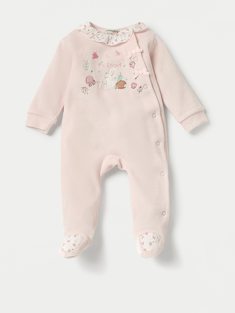 Embroidered Velour Closed Feet Sleepsuit with Cap