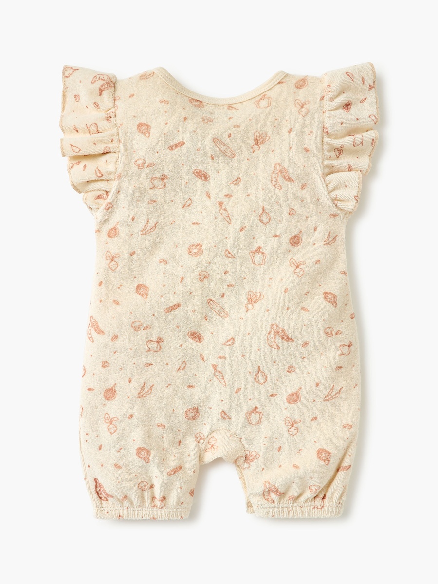 Graphic Print Romper with Ruffle Sleeves and Button Closure