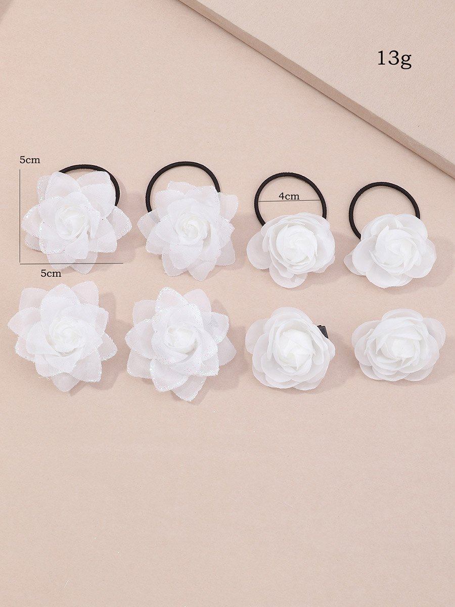 Set of 8 - 3D Floral Decor Hair Clip and Ties