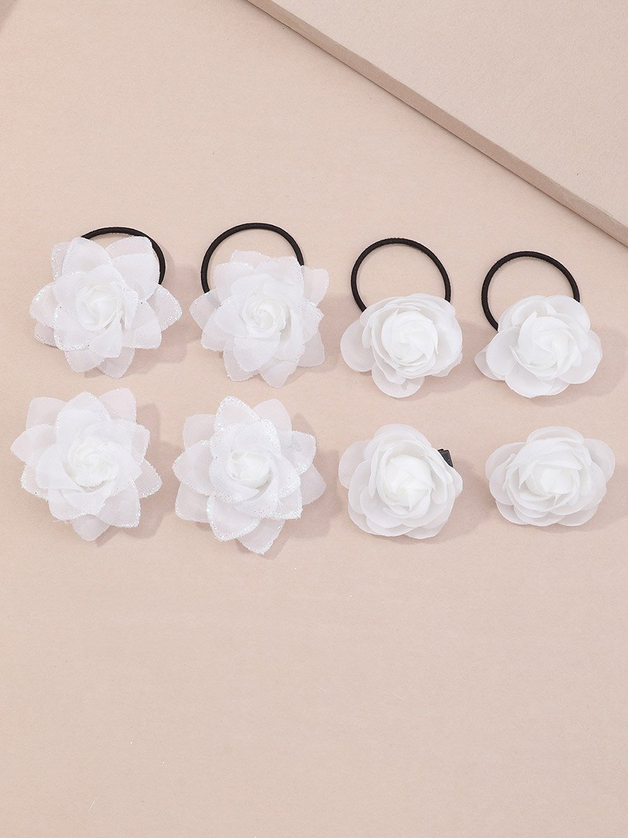 Set of 8 - 3D Floral Decor Hair Clip and Ties