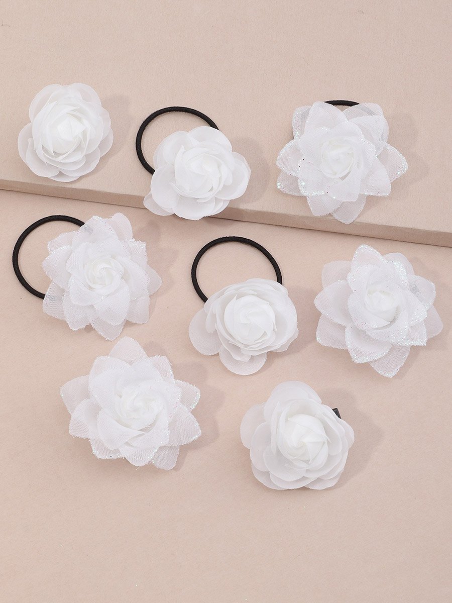 Set of 8 - 3D Floral Decor Hair Clip and Ties