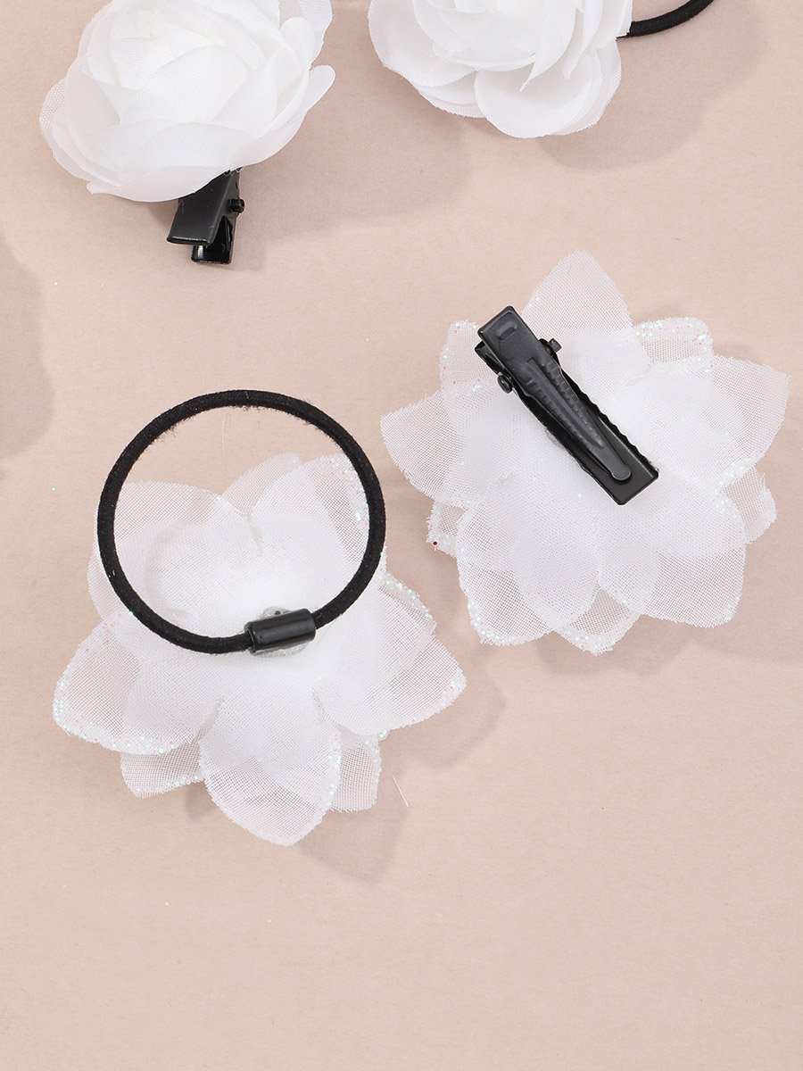 Set of 8 - 3D Floral Decor Hair Clip and Ties