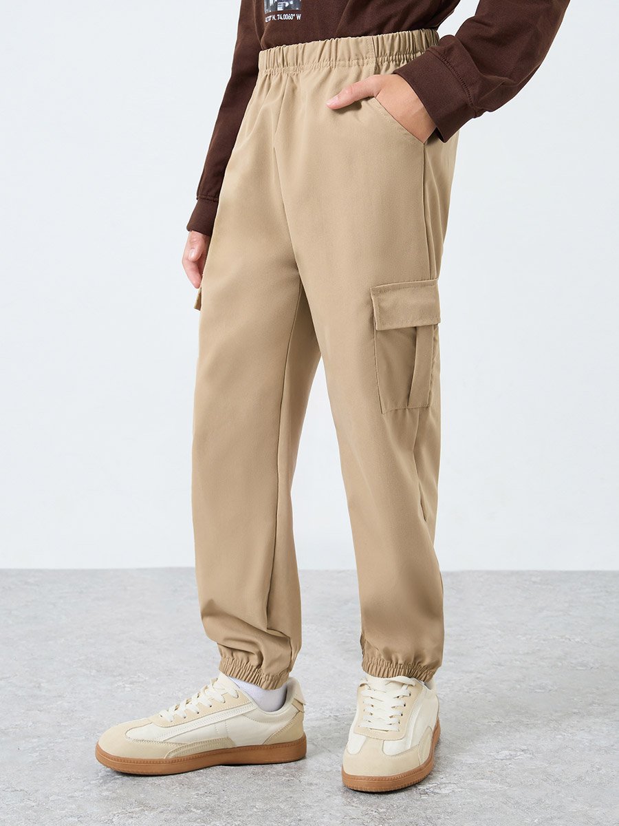 Kids Beige Solid Joggers