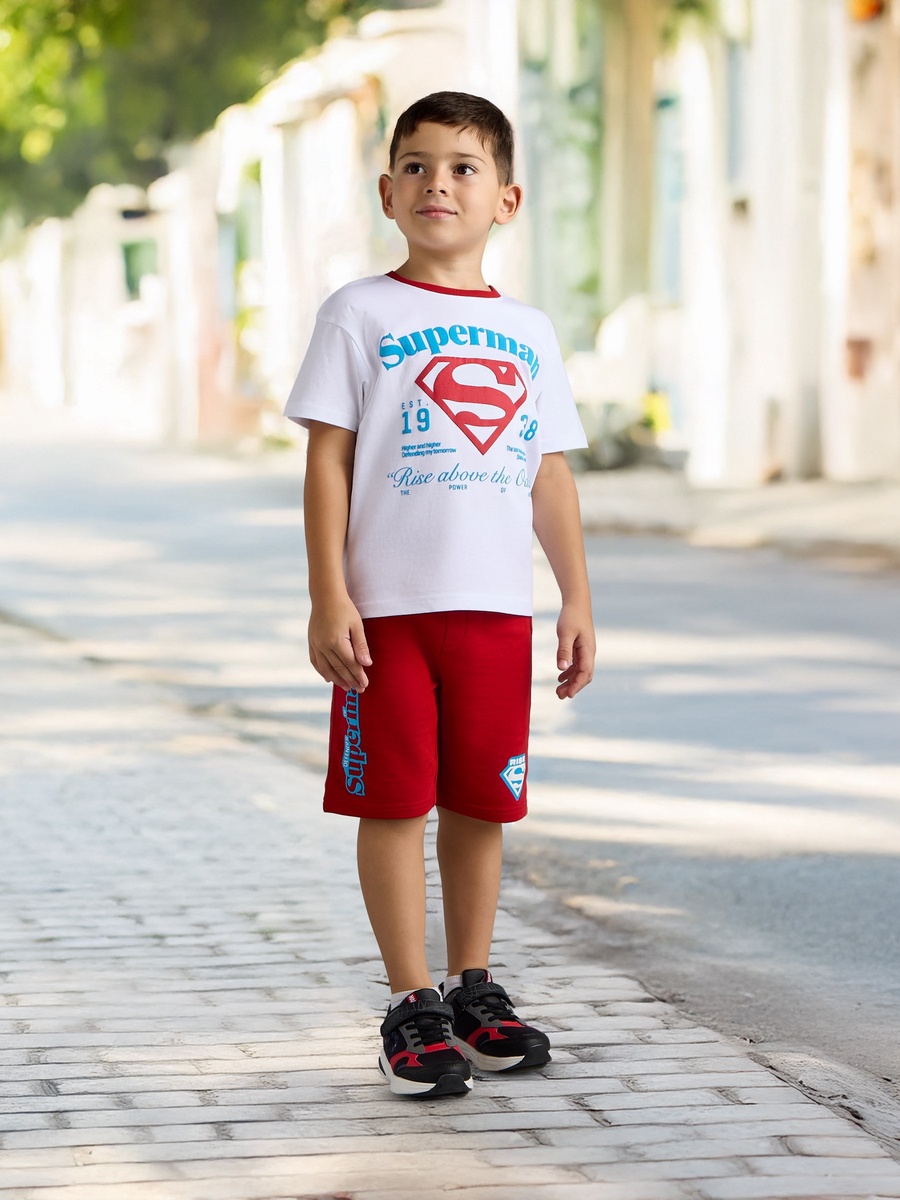 Superman Print Cotton T-Shirt and Shorts Set