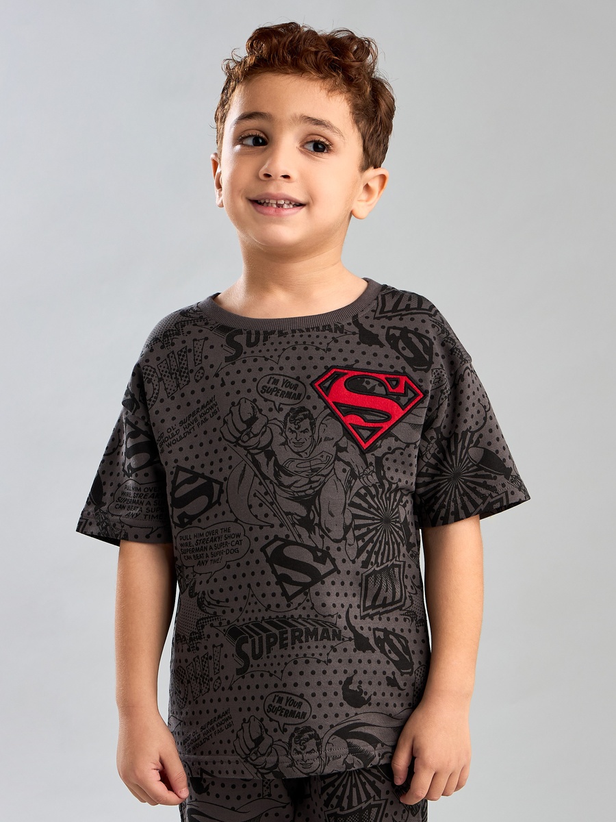 Superman Print Cotton T-Shirt and Shorts Set