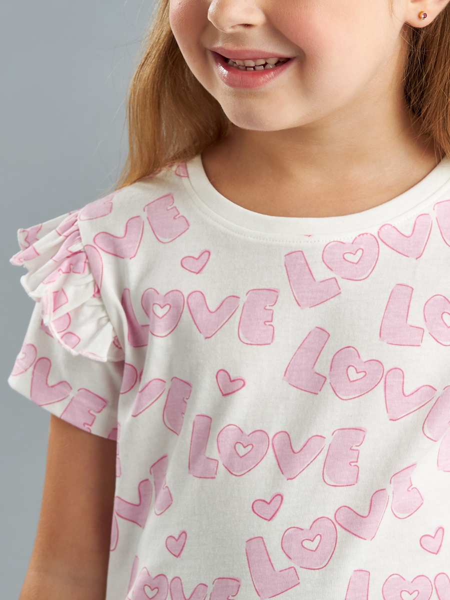 Love Print Ruffled Cotton T-Shirt