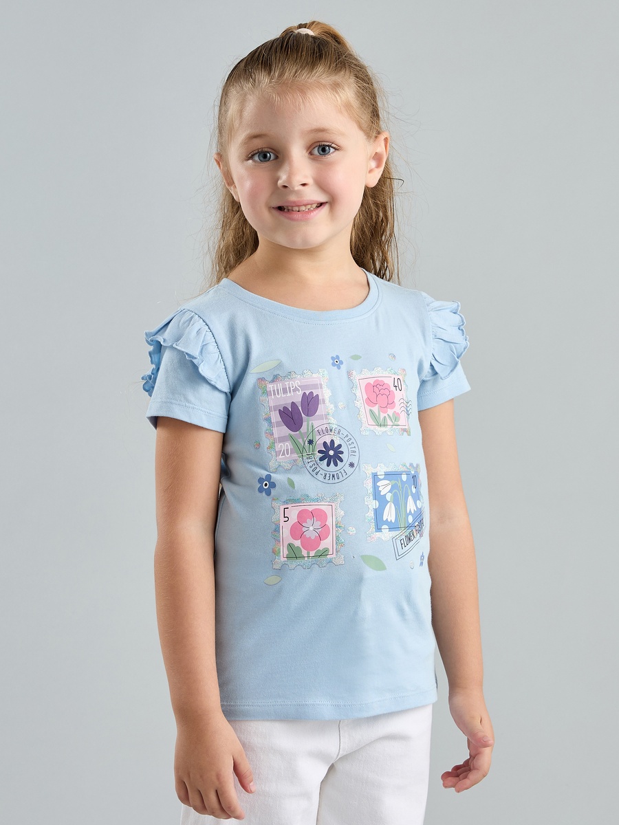 Floral Print Cotton T-Shirt with Frill Detail