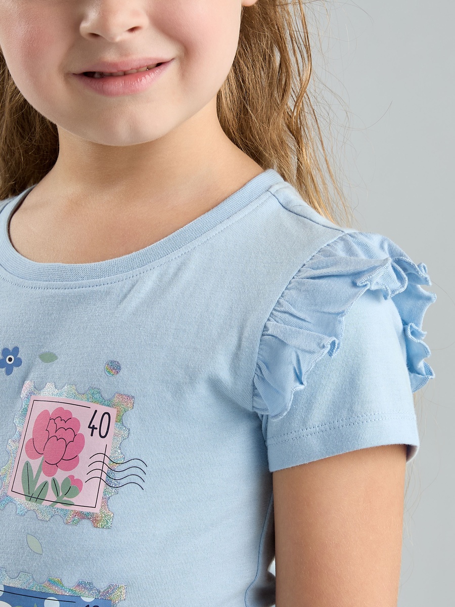 Floral Print Cotton T-Shirt with Frill Detail