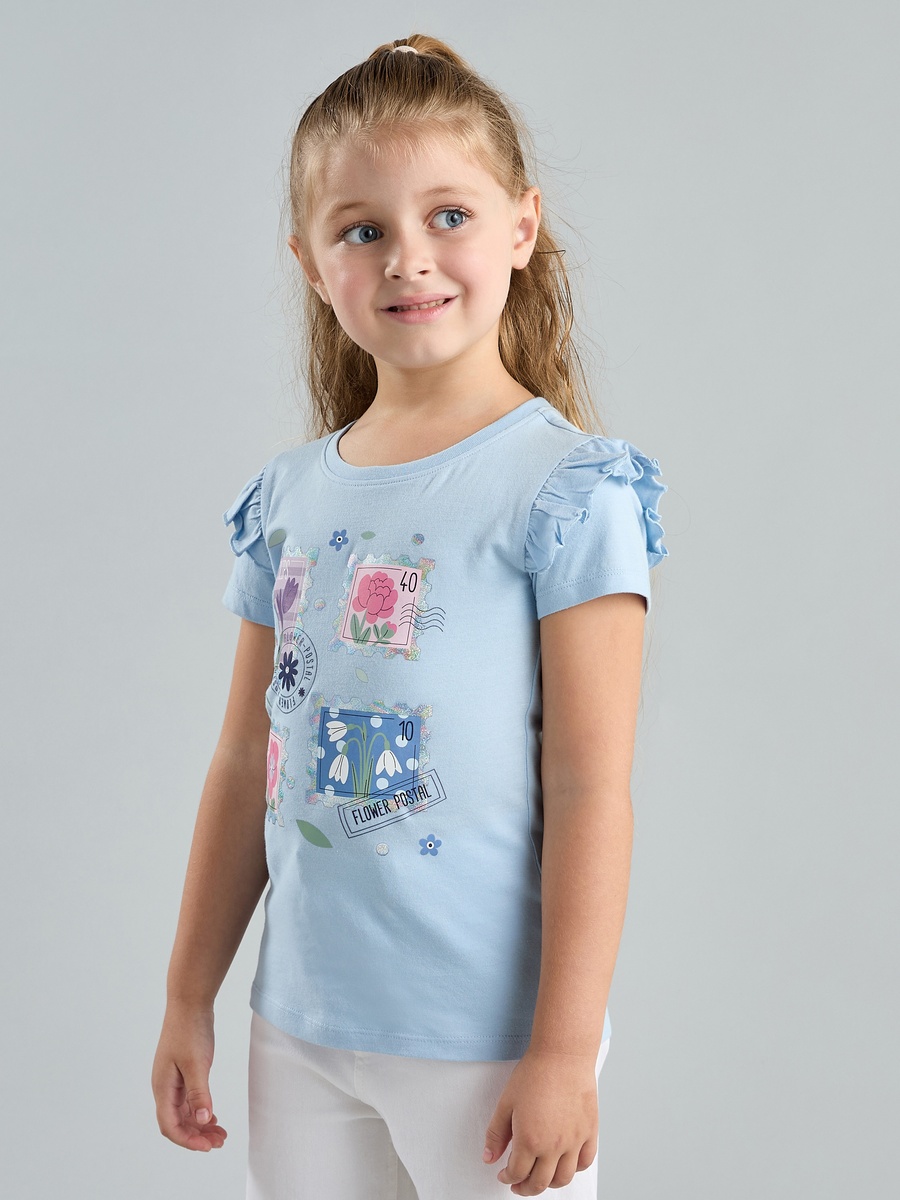 Floral Print Cotton T-Shirt with Frill Detail