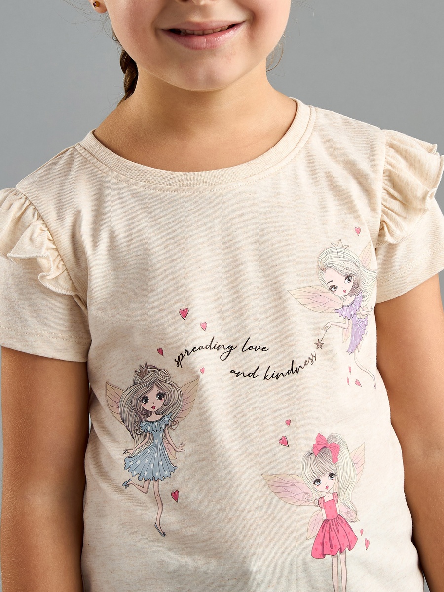 Fairy Print Cotton T-Shirt with Ruffles