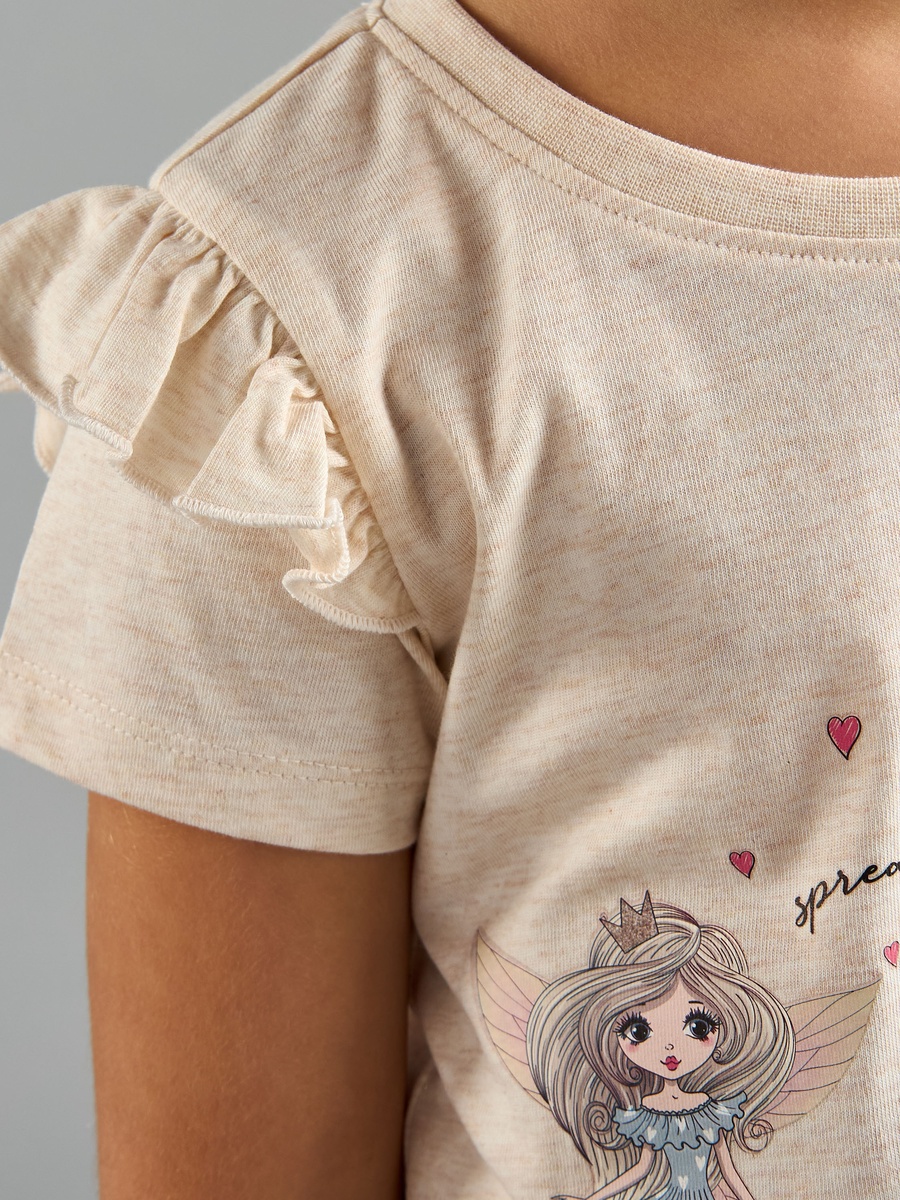 Fairy Print Cotton T-Shirt with Ruffles