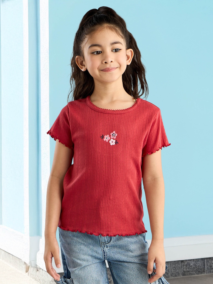 Pack of 2 - Textured Pointelle Cotton T-Shirt with Lettuce Hem