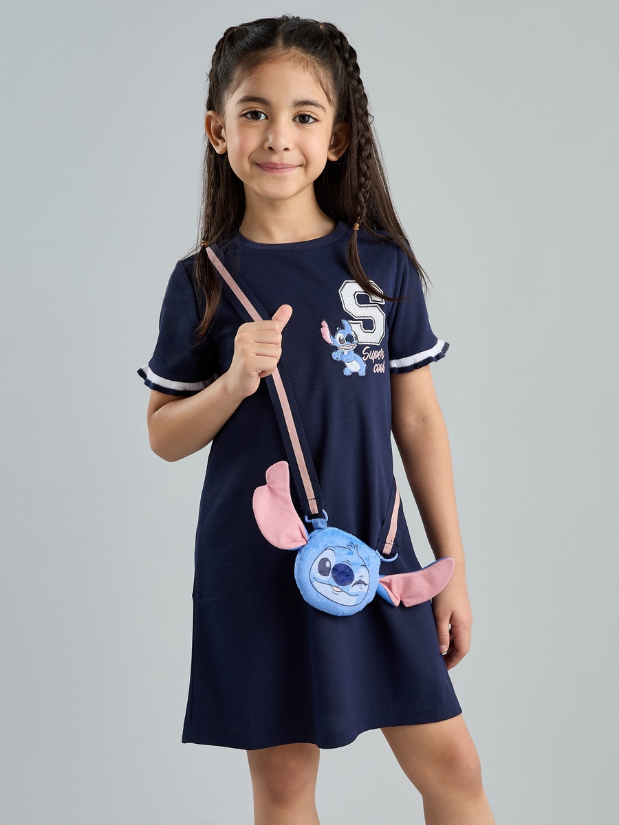 Stitch Embroidered T-Shirt Dress with Crossbody Bag