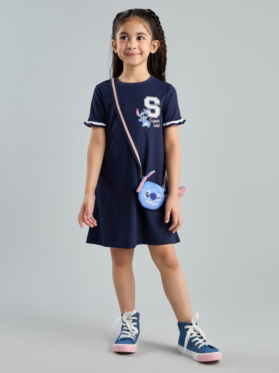 Stitch Embroidered T-Shirt Dress with Crossbody Bag