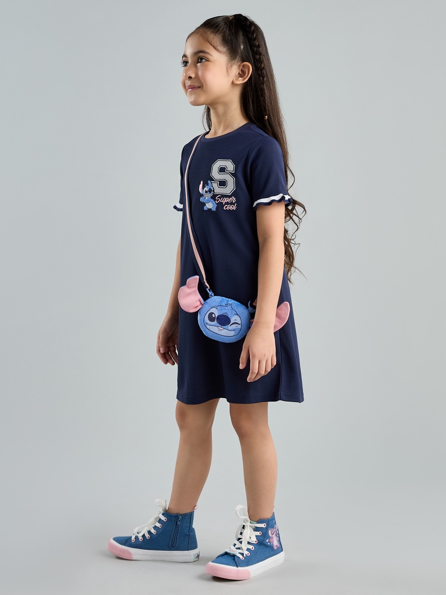 Stitch Embroidered T-Shirt Dress with Crossbody Bag