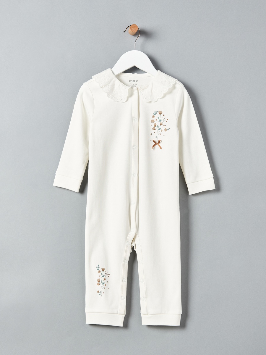 Floral Print Cotton Sleepsuit with Peter Pan Collar