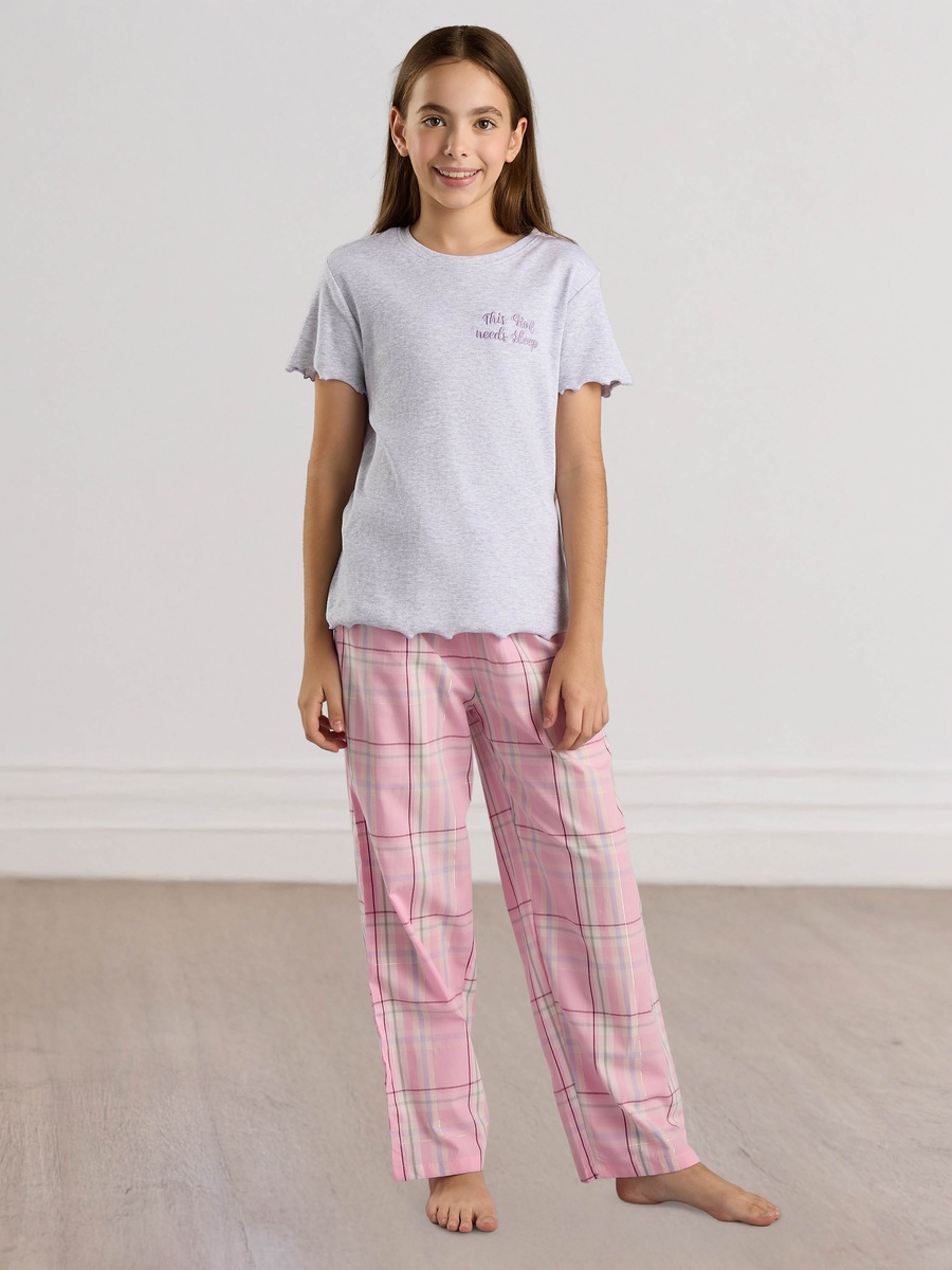 Embroidered T-Shirt and Checked Pyjama Set