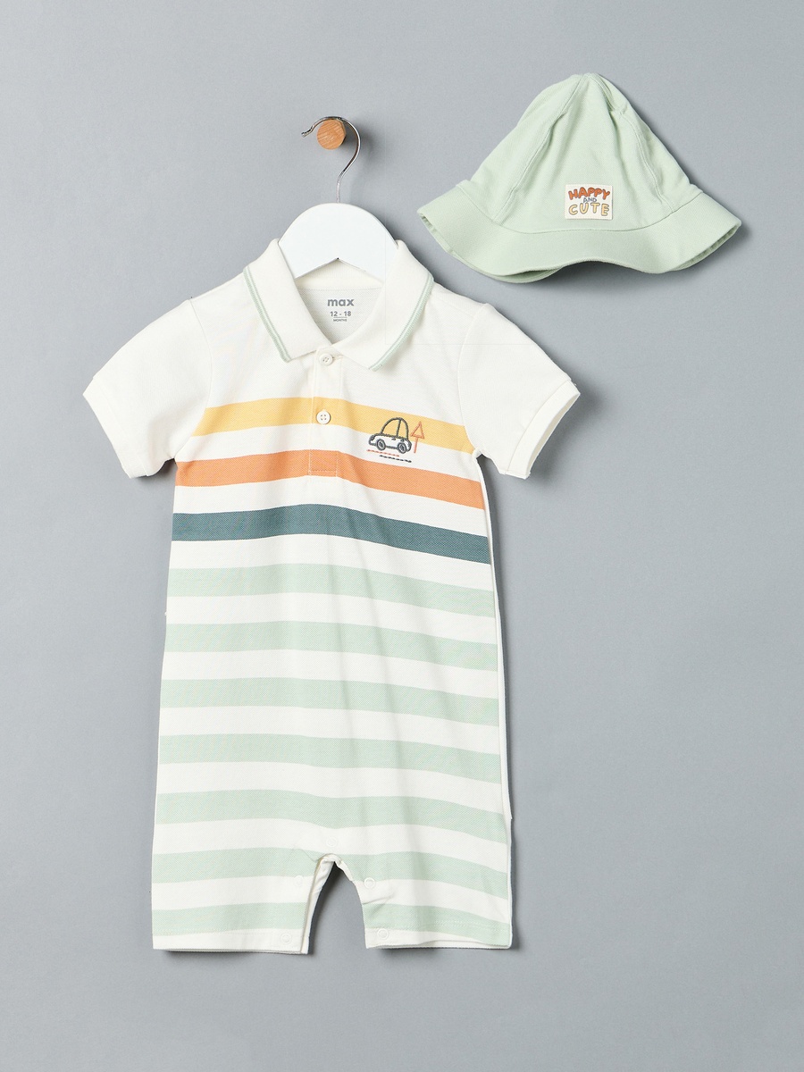 Striped Cotton Romper with Cap