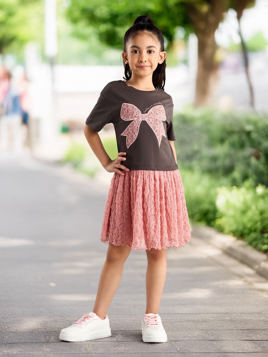 Bow Applique A-line Dress with Lace Skirt