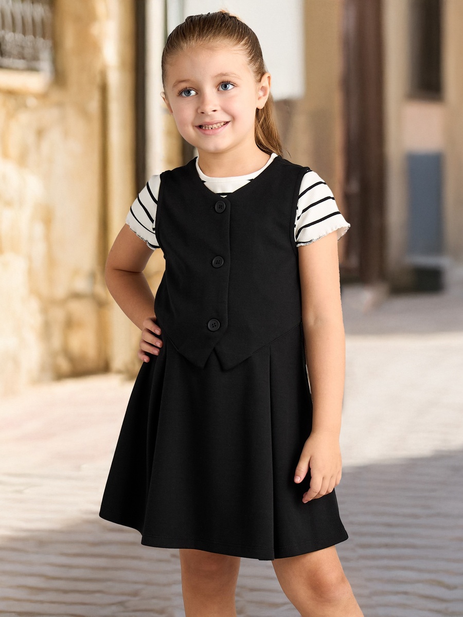 Plain Waistcoat Dress and Striped T-Shirt Set