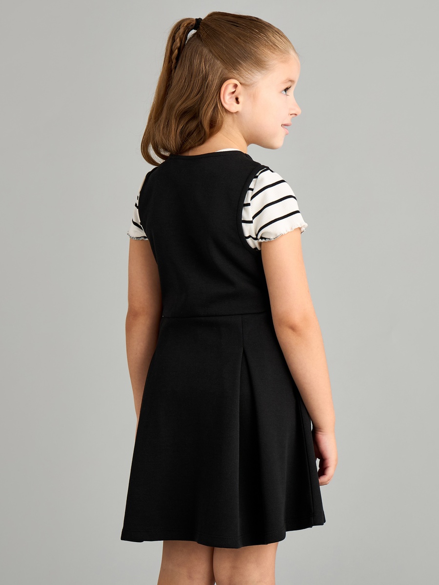 Plain Waistcoat Dress and Striped T-Shirt Set