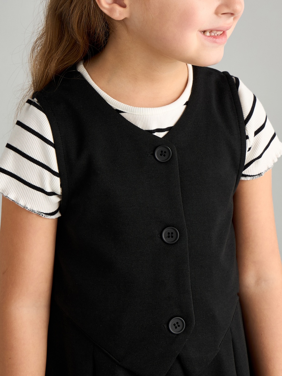 Plain Waistcoat Dress and Striped T-Shirt Set