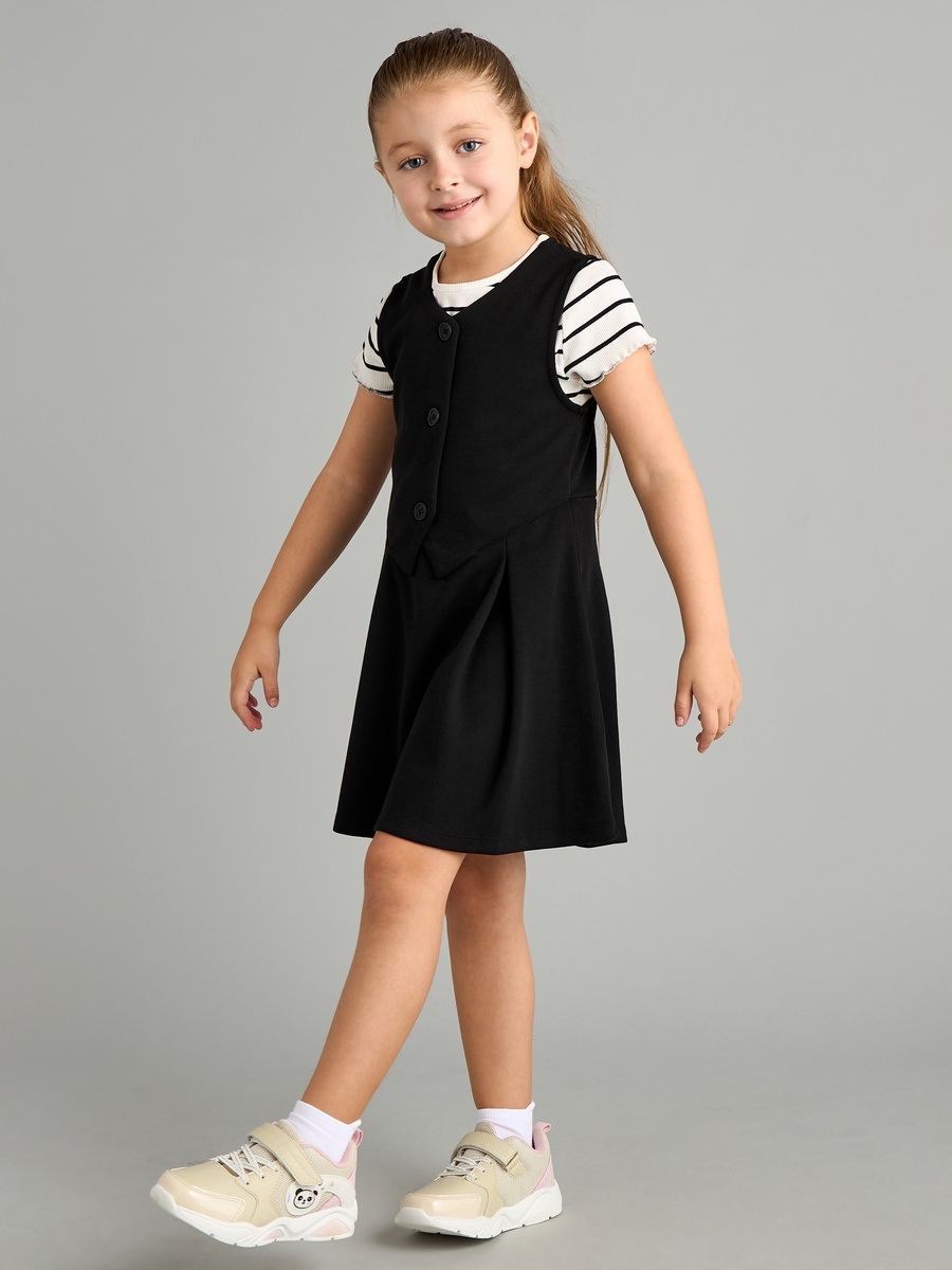 Plain Waistcoat Dress and Striped T-Shirt Set