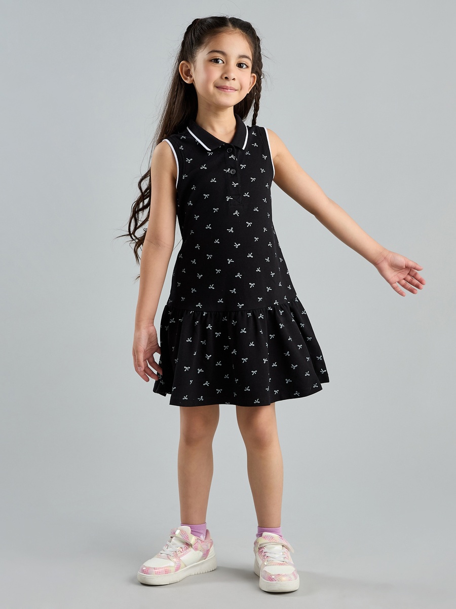 All-Over Bow Print Pique Sleeveless Polo Dress