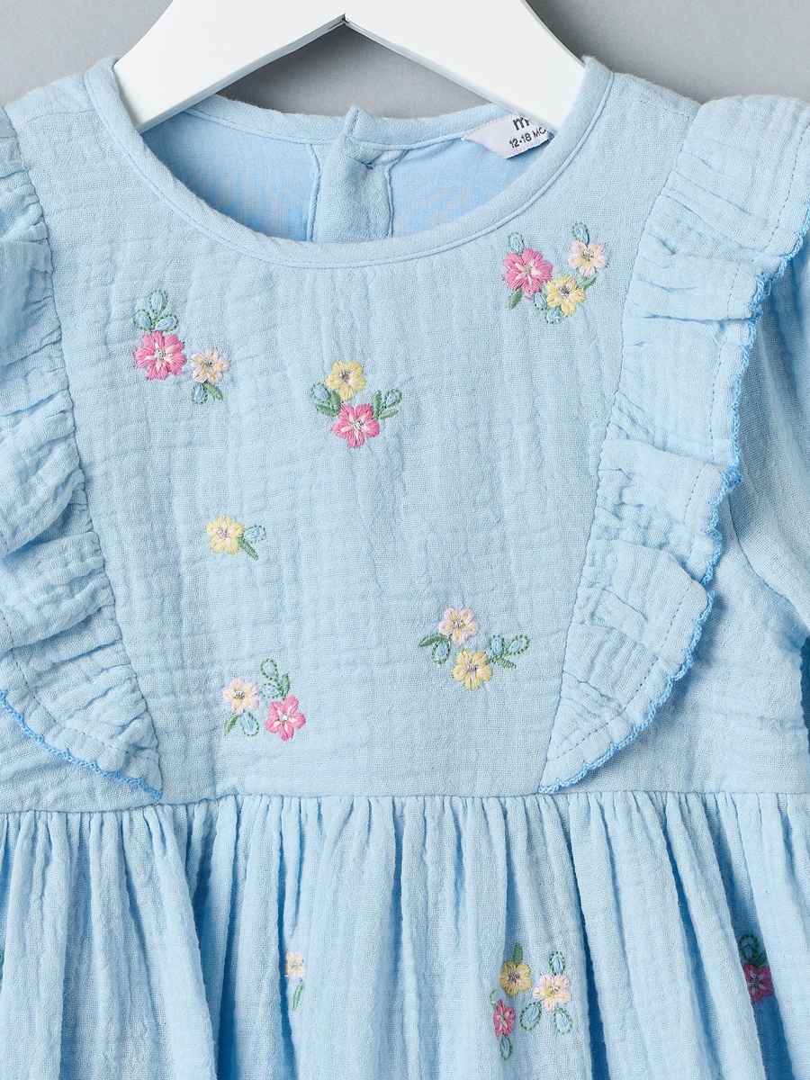sachin and babi light blue dress Coco Handpainted Floral Puff Sleeve Cinched Dress in Crinkle Gauze –  fbrq.com main image 1