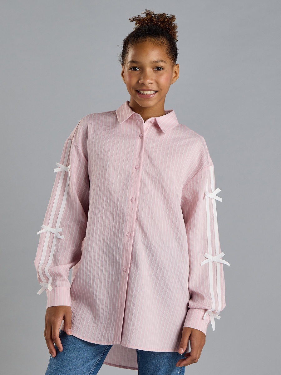 Striped Oversized Shirt with Tape and Bow Detail