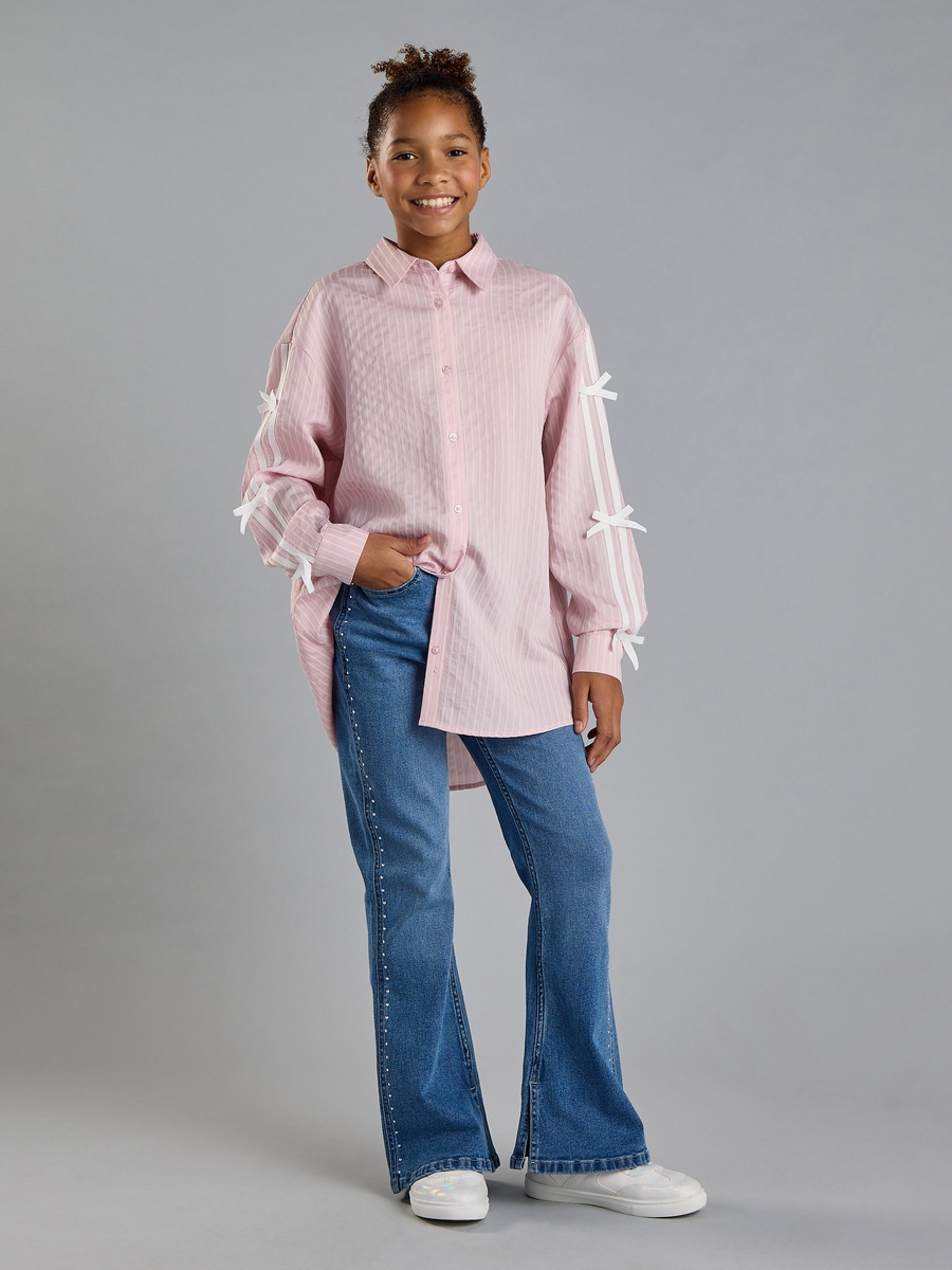 Striped Oversized Shirt with Tape and Bow Detail