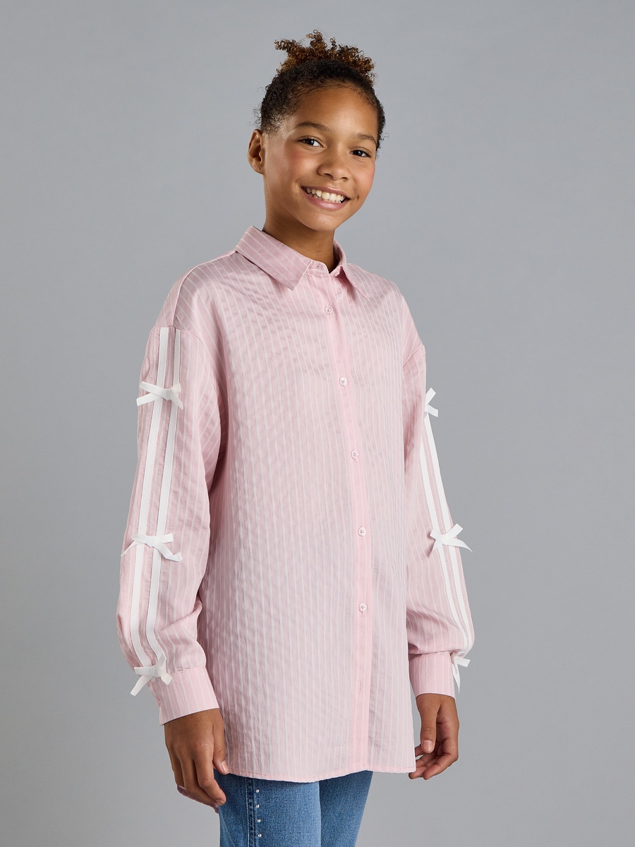 Striped Oversized Shirt with Tape and Bow Detail