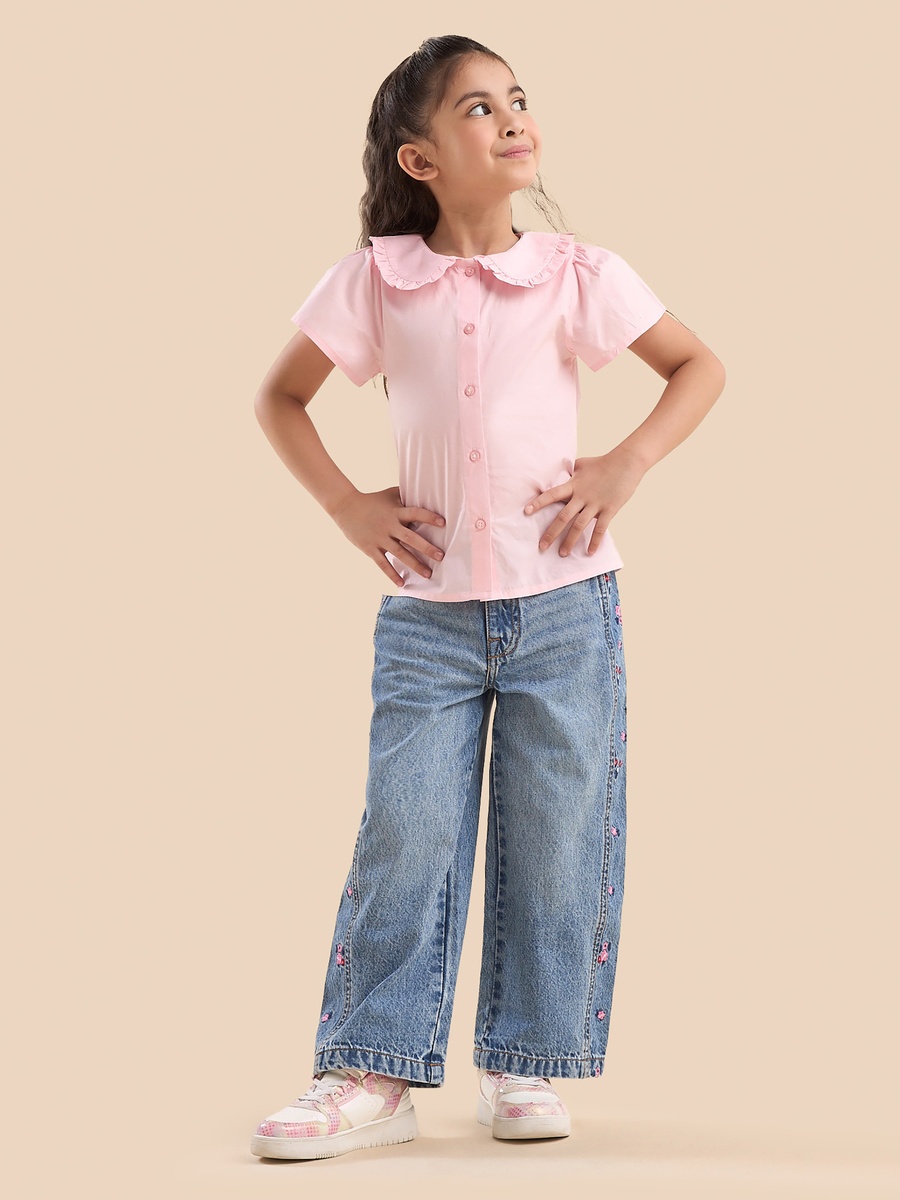 Embroidered Side Panel Wide Leg Jeans