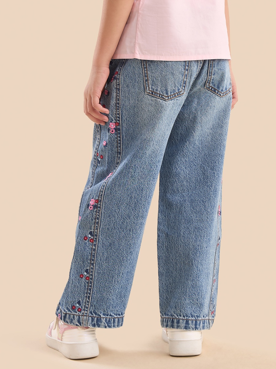 Embroidered Side Panel Wide Leg Jeans