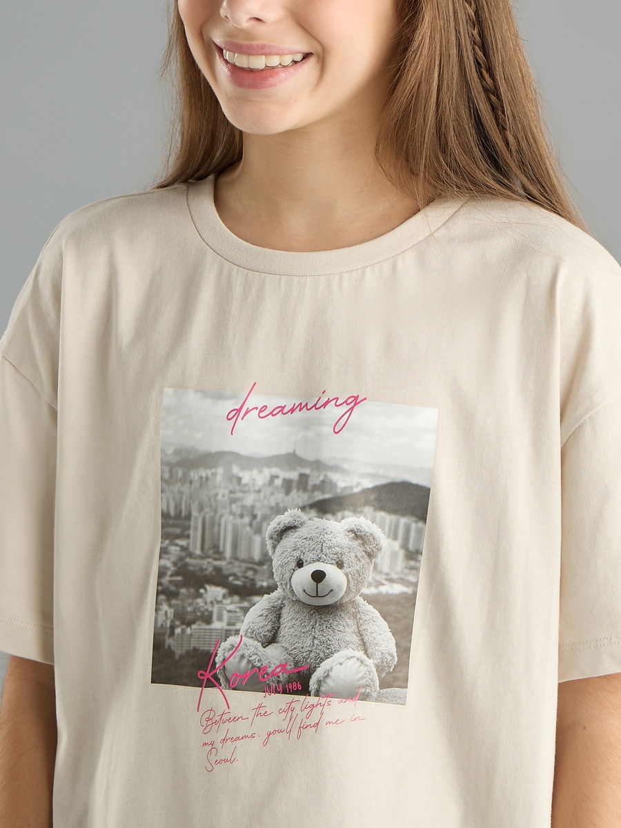 Teddy Bear Print Oversized Cotton T-Shirt