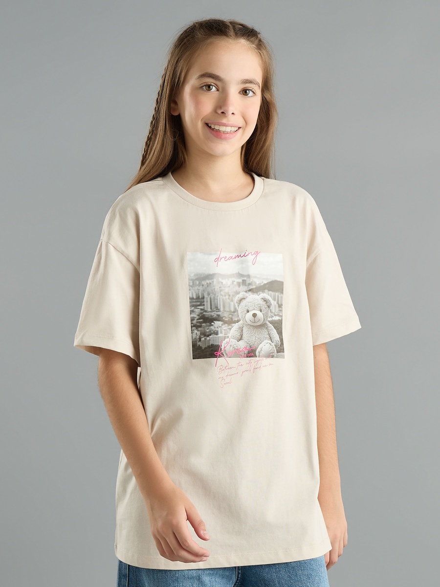 Teddy Bear Print Oversized Cotton T-Shirt