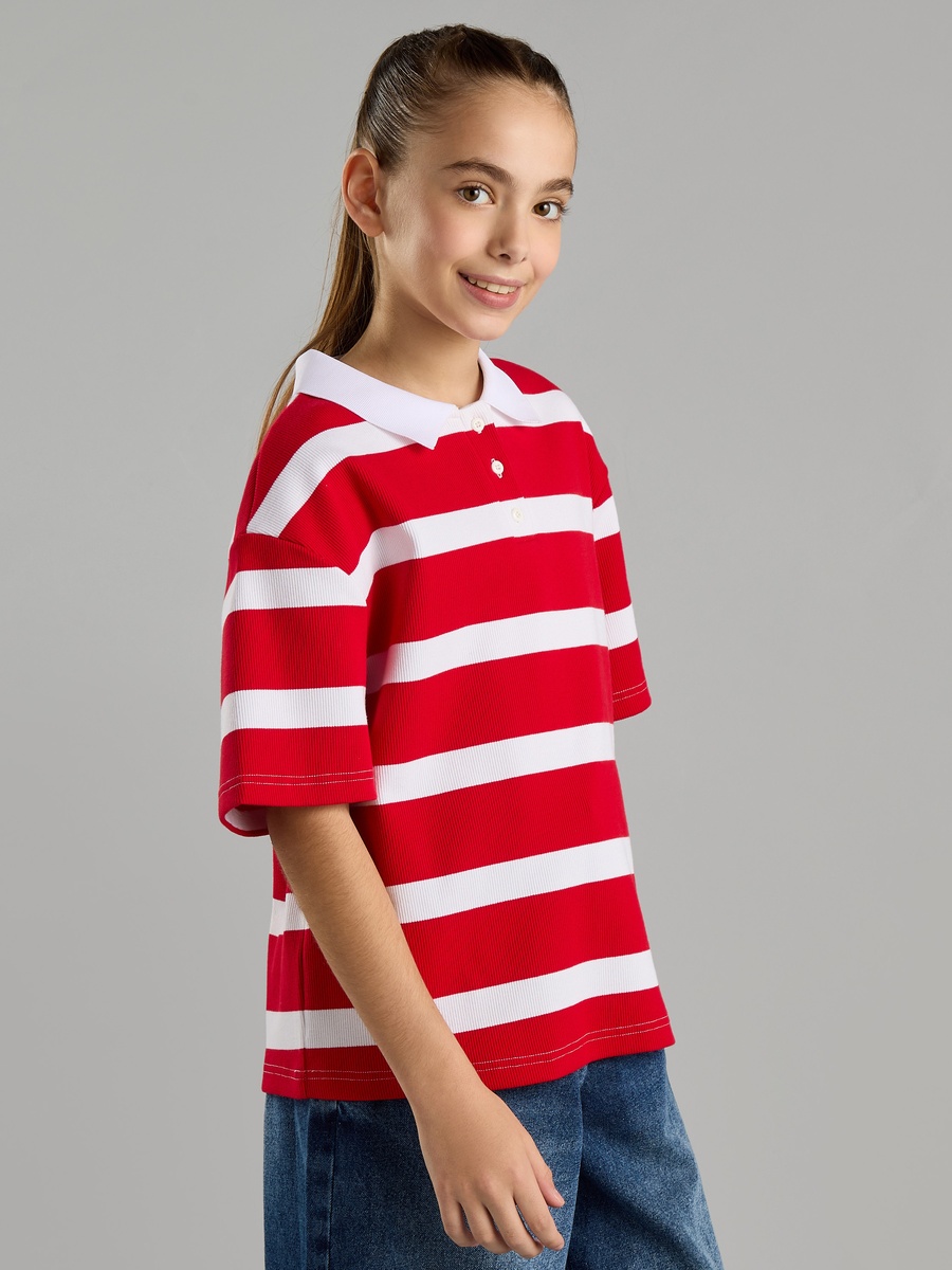 Ribbed Striped Polo T-Shirt