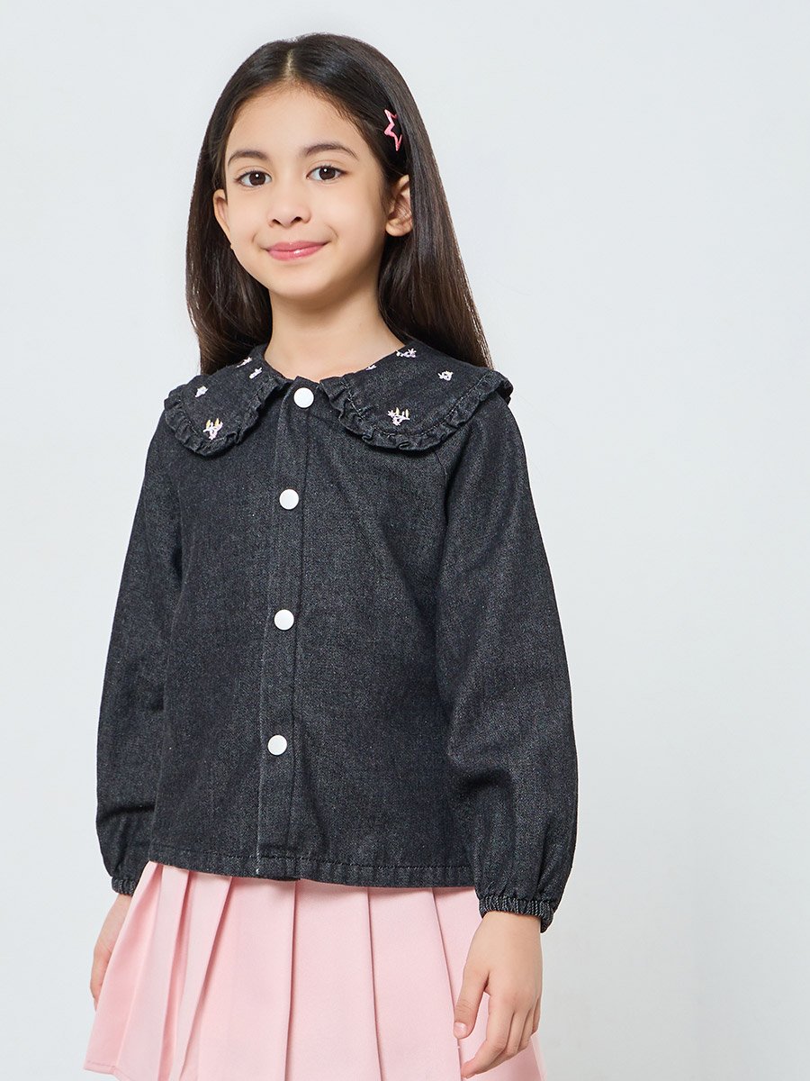 Girls Black Denim Shirt with Embroidered Collar