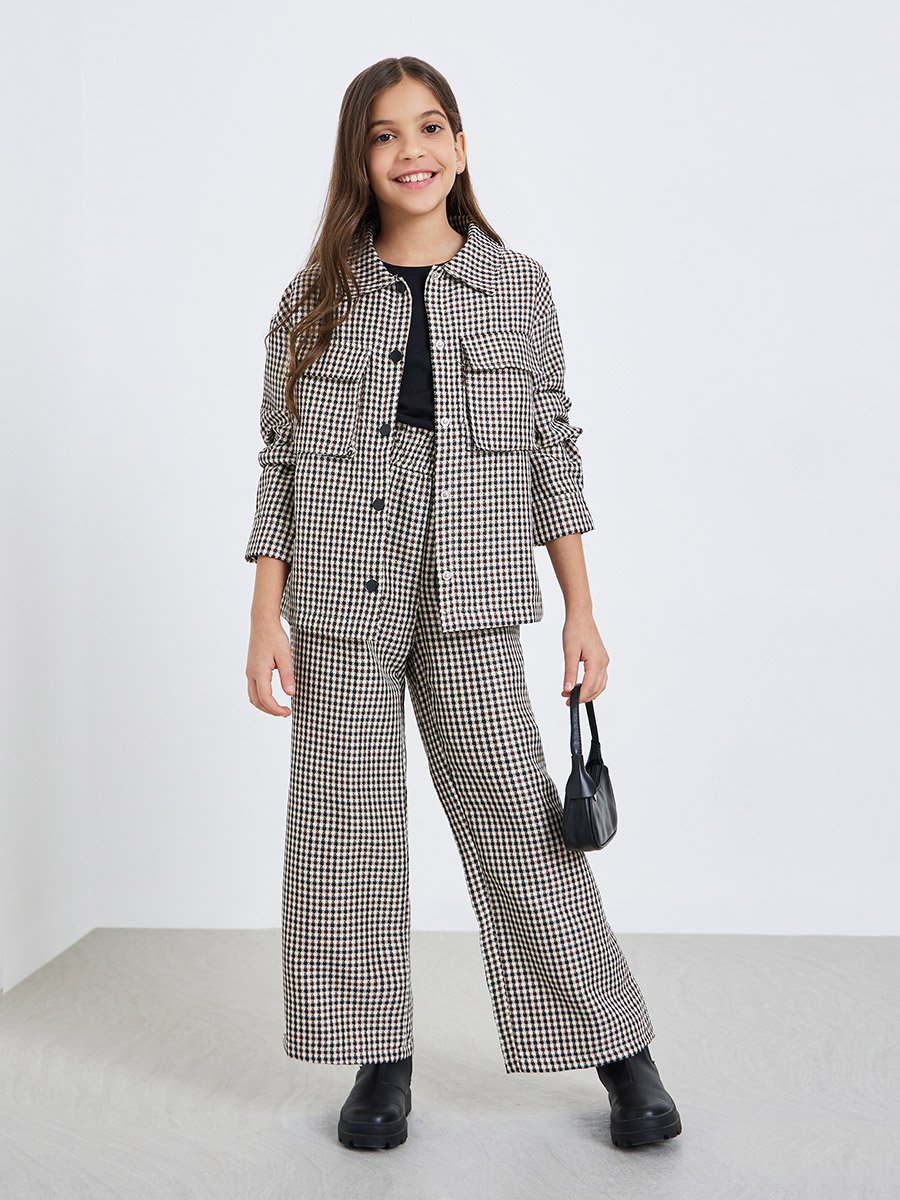 Girls Brown Checked Shirt with Pockets
